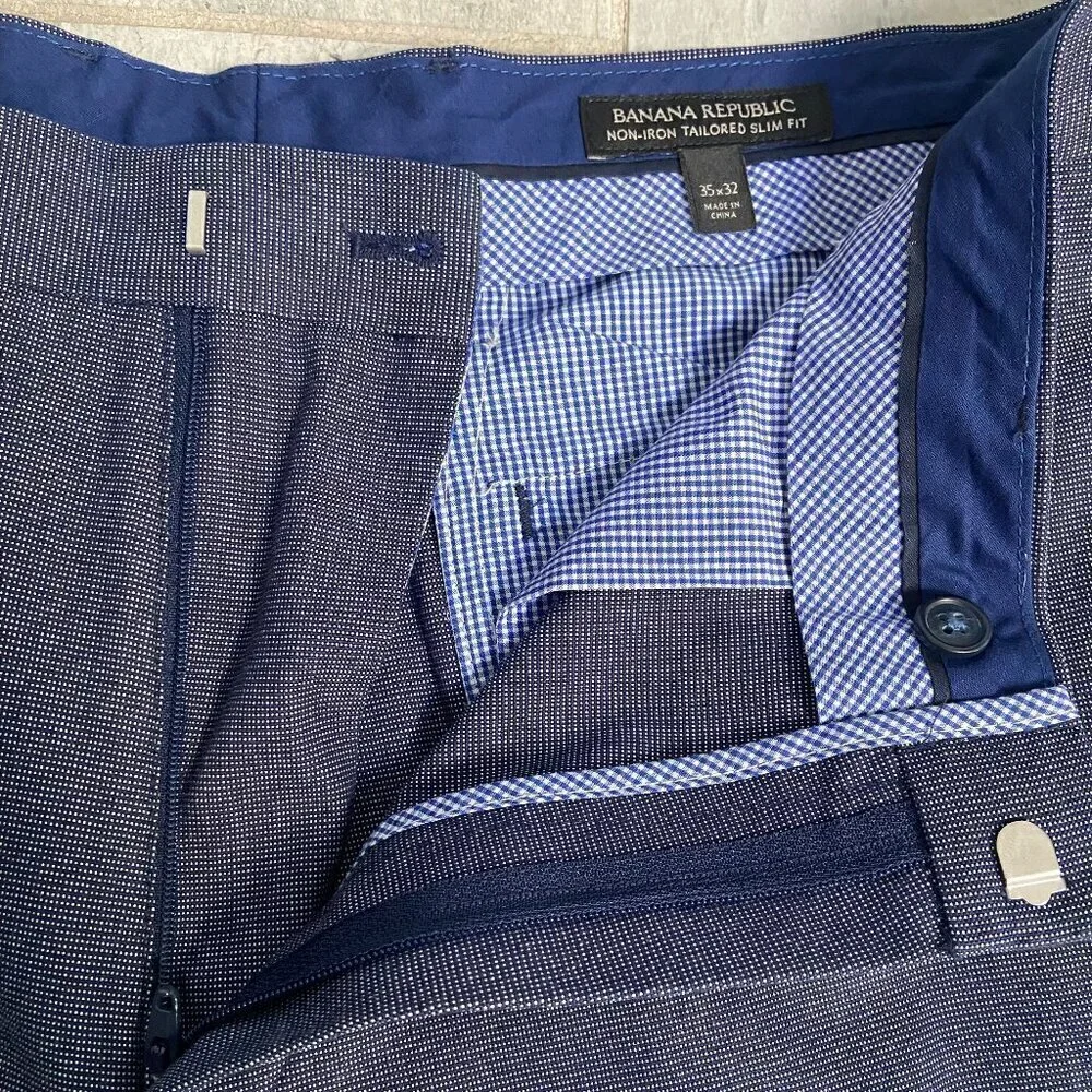 Banana Republic Non-Iron Tailored Slim Fit Cotton Pants Chinos Khakis Blue 35X32